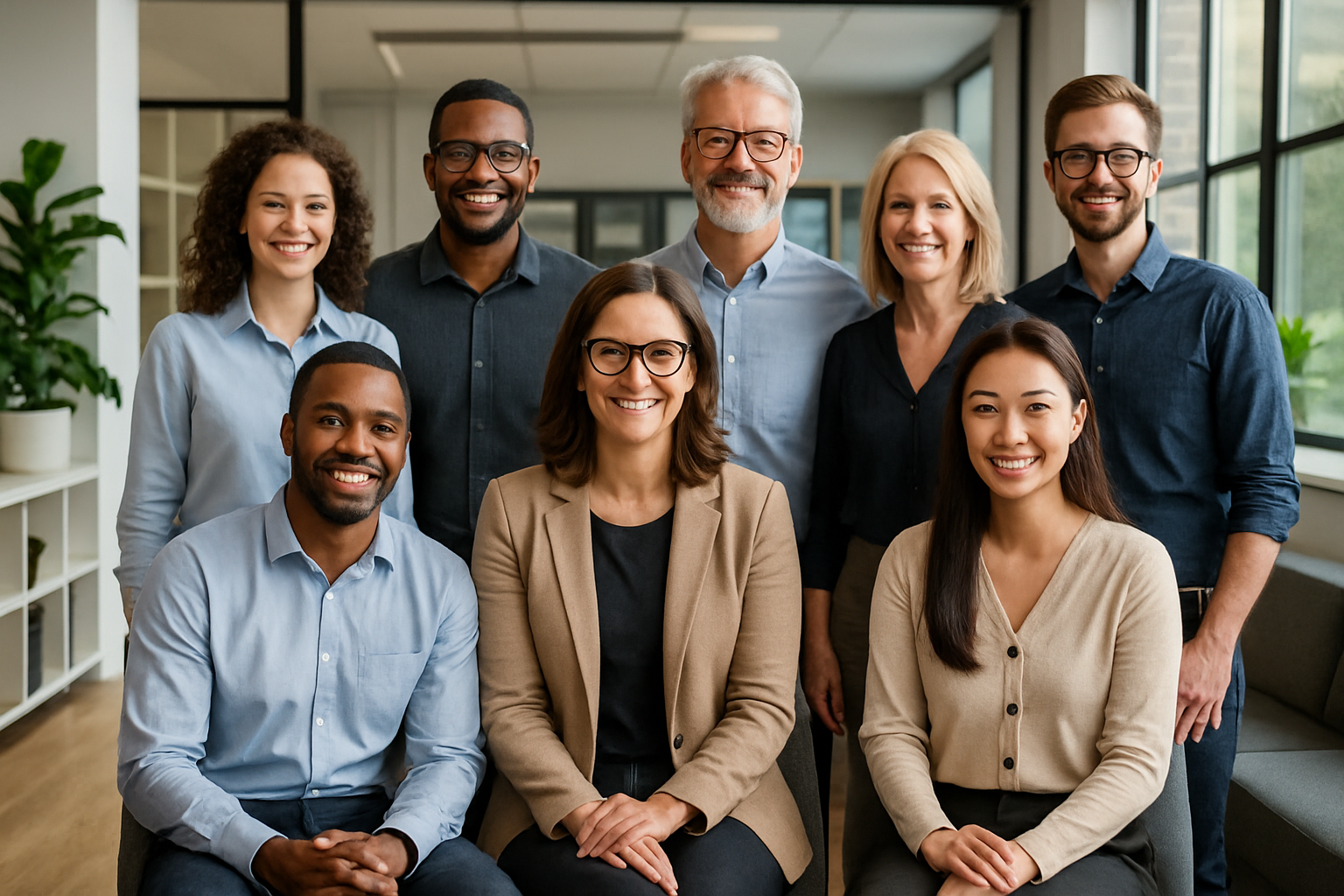 a office group of colleagues posing for a grupal photo 